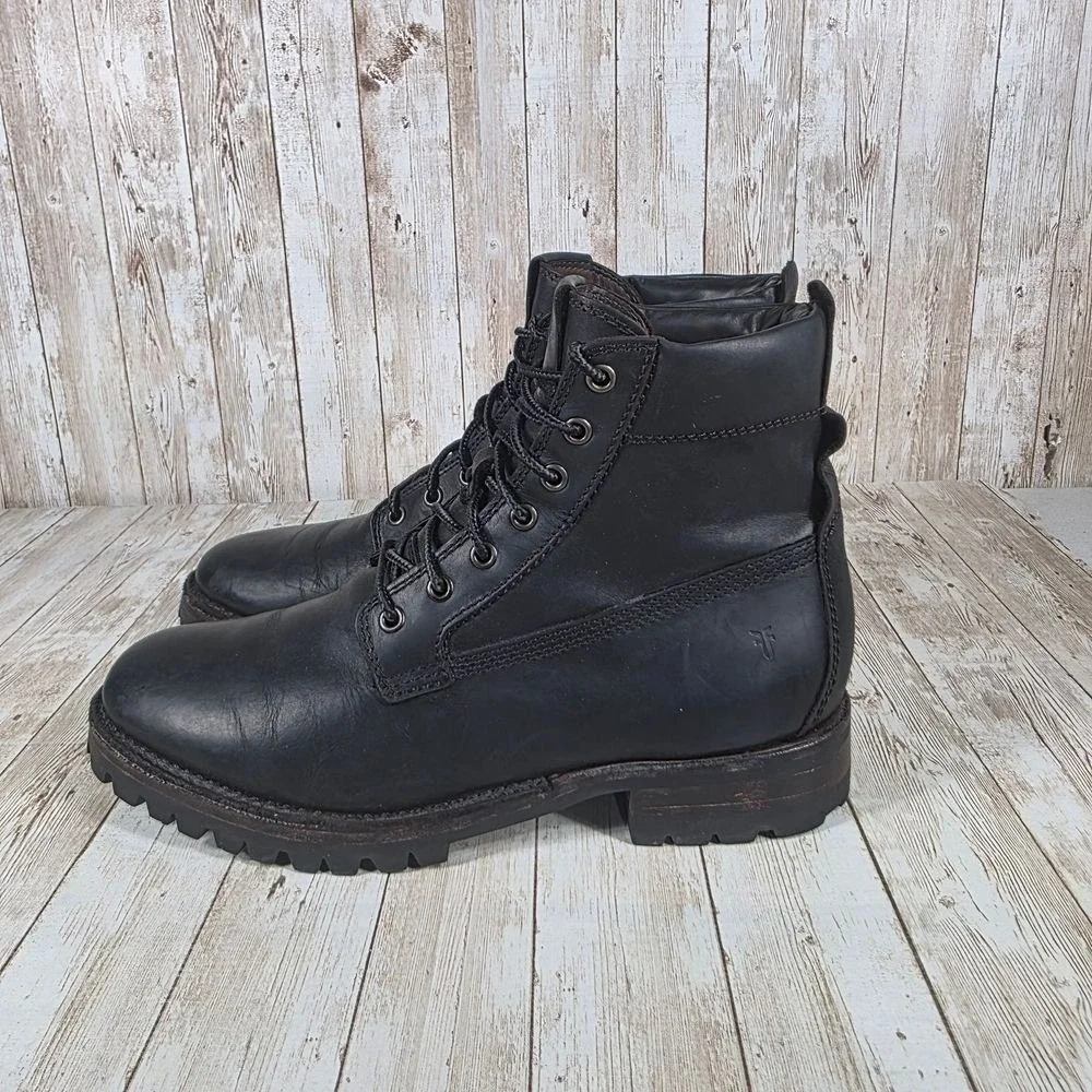 FRYE Mens Black Leather Combat Boots Rugged Lug Sole Military Work Boots 9.5
